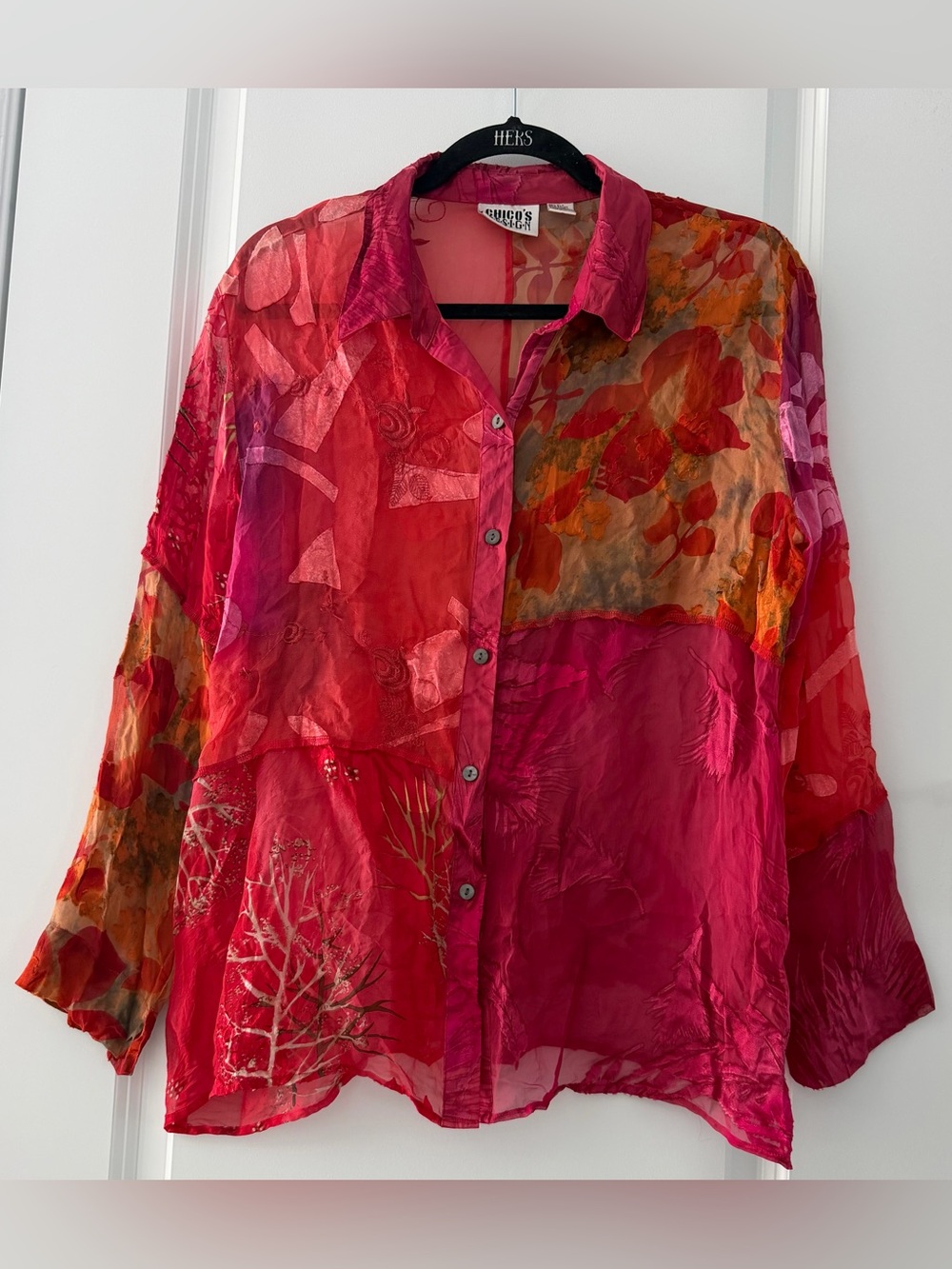 Chico's colorful floral abstract patchwork pattern sheer silk rayon blouse size2